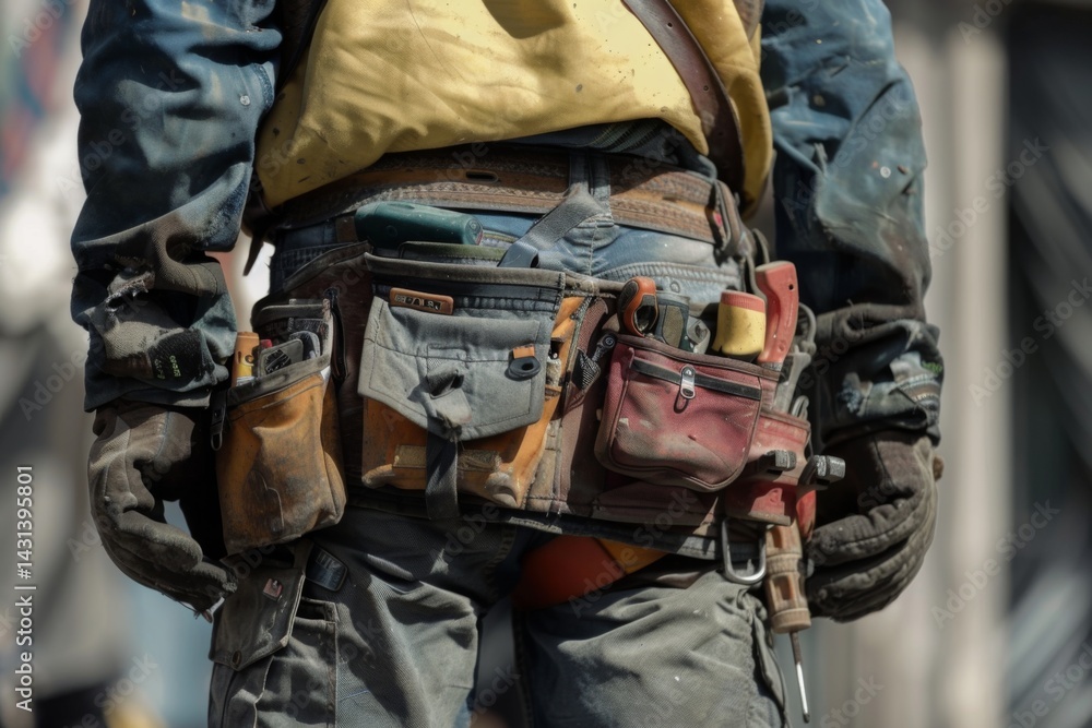Close-up of a construction worker with a bag and tools kit worn on the waist Close-up of a construction worker with a bag and tools kit worn on the waist