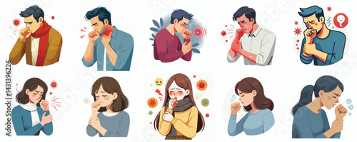 Sick People Coughing: Illness Symptom Illustrations Set