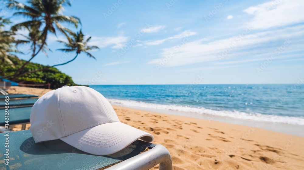 White baseball cap on a beach chair. Perfect for branding presentations, logo placement or advertising design. Tropical summer background with space for text.