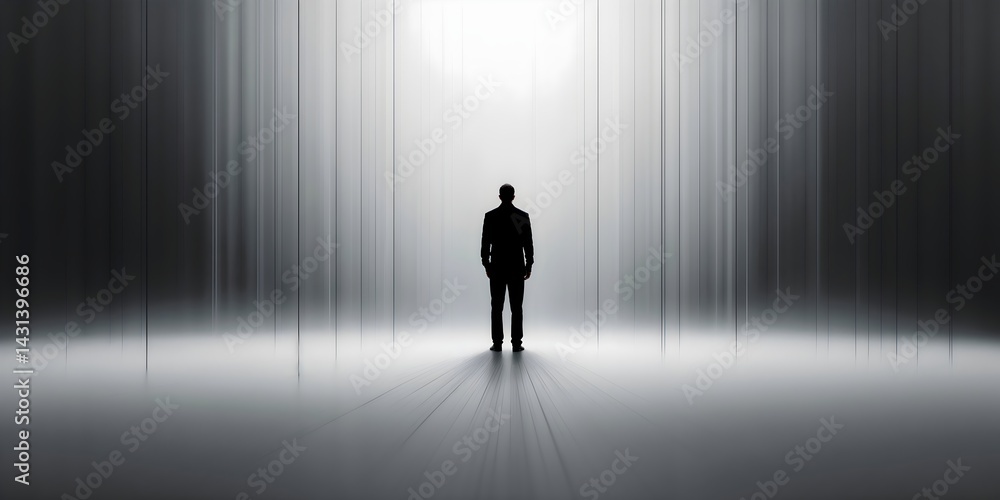 A lone black figure stands in the distant amid vast white space with a gray gradient, evoking isolation and emotional tension A lone black figure stands in the distant amid vast white space with a gray gradient, evoking isolation and emotional tension