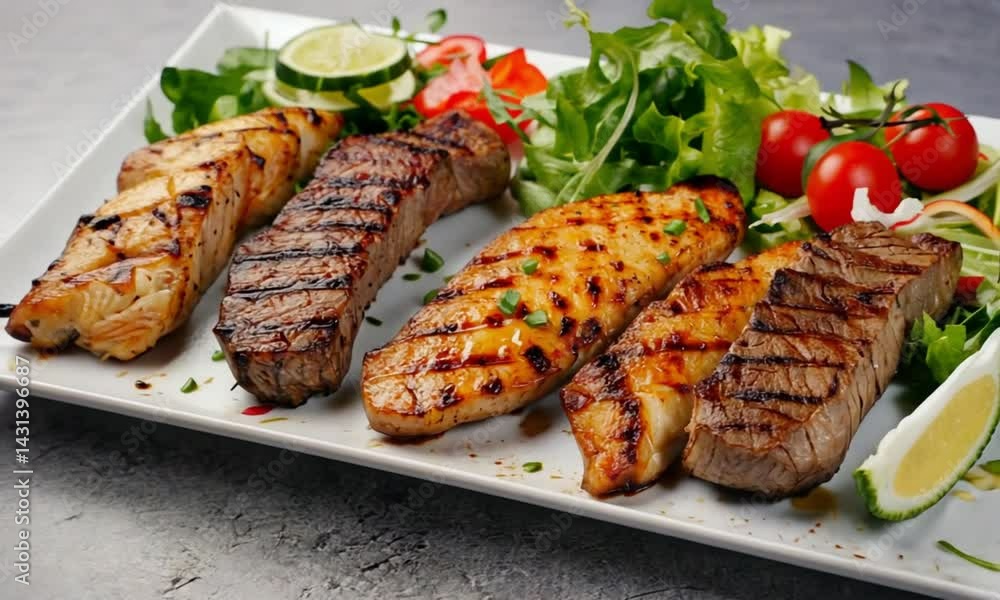 Grilled meats and fish with salad platter Grilled meats and fish with salad platter