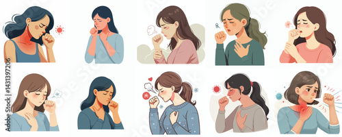 Sick Women Coughing: Illness Symptom Illustrations Set