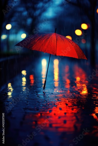 Wallpaper Mural Red umbrella on wet street at night reflecting lights in the rain. Torontodigital.ca