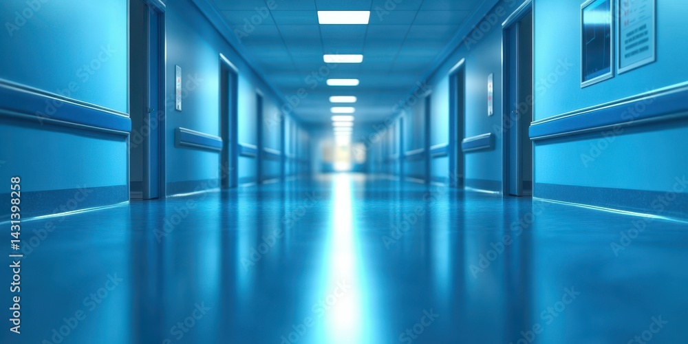 Long corridor in a modern hospital with bright blue lighting creating a serene atmosphere Long corridor in a modern hospital with bright blue lighting creating a serene atmosphere