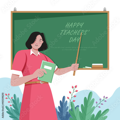 Animated teacher with chalkboard book and nature