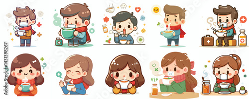Sick Children with Medicine & Hot Drinks Illustration Set