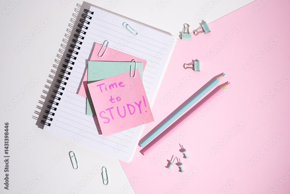 Time to study - written message in the workplace. Stationery, notebook, paper clips and sticky notes. Concept of learning
Time to study - written message in the workplace. Stationery, notebook, paper clips and sticky notes. Concept of learning