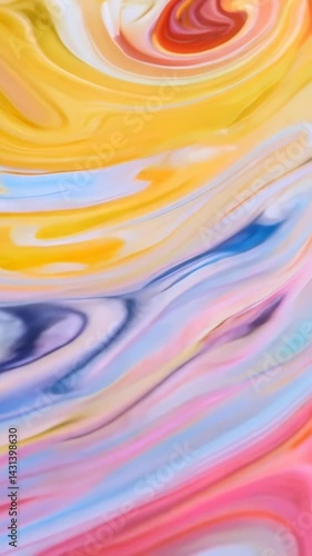Colorful swirling paint mixture creating mesmerizing marble patterns. The vibrant yellow, blue pink and white paints blend and transform into spiral formations with increasing complexity against light