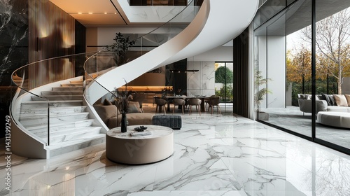 Modern marble staircase in luxurious open-plan home