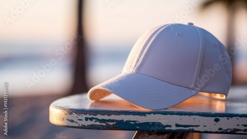 Obraz na płótnie Blank white baseball cap on a weathered wooden chair on the beach at sunset. Perfect for branding presentations, logo placement or use as a mockup. Tropical landscape with warm natural light.
w salonie