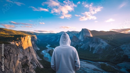Back view of person in white hoodie overlooking epic mountain valley at sunrise. Perfect for mockup designs, adventure ads or inspirational content.