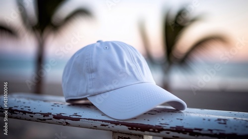 Blank white baseball cap on a weathered wooden chair on the beach at sunset. Perfect for branding presentations, logo placement or use as a mockup. Tropical landscape with warm natural light.
