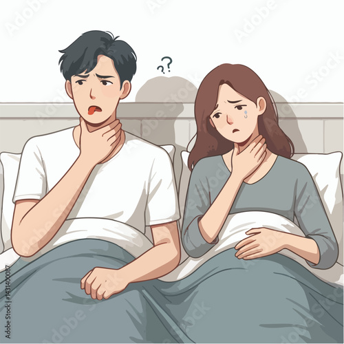 Sick Couples in Bed: Shared Illness Illustrations Set