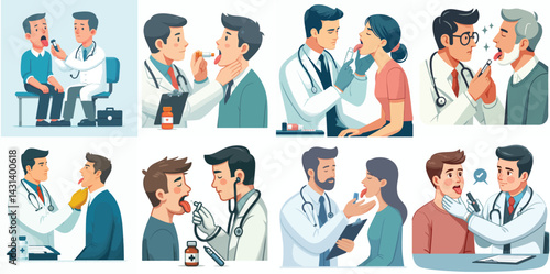Doctor Examining Patient's Throat Illustration Set