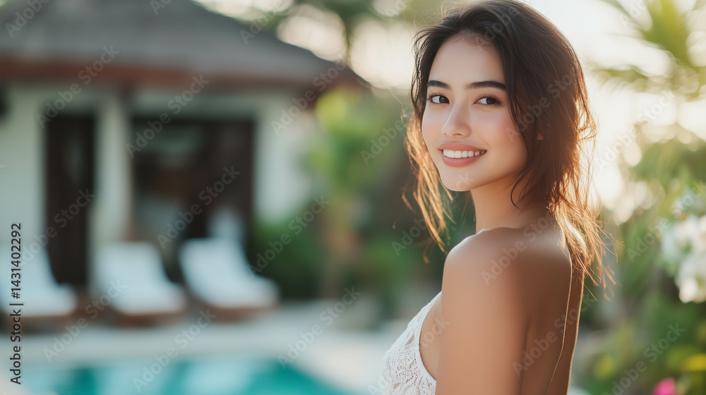 Portrait of a tan-skinned woman in a white dress looking over her shoulder with a blurred villa background in Bali.