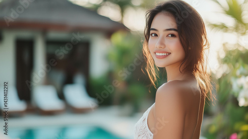 Obraz na płótnie Portrait of a tan-skinned woman in a white dress looking over her shoulder with a blurred villa background in Bali. w salonie