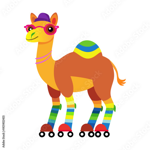 A Camel in rainbow-colored sunglasses  and roller skates  on white background