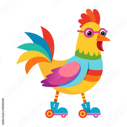 A Chicken in rainbow-colored sunglasses  and roller skates   on white background