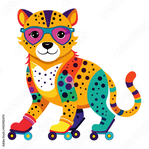 A Cheetah in rainbow-colored sunglasses and roller skates on white background