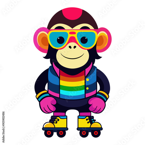 A Chimpanzee in rainbow-colored sunglasses and roller skates on white background