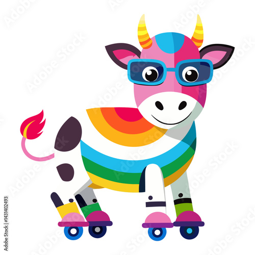 A Cow in rainbow-colored sunglasses and roller skates on white background