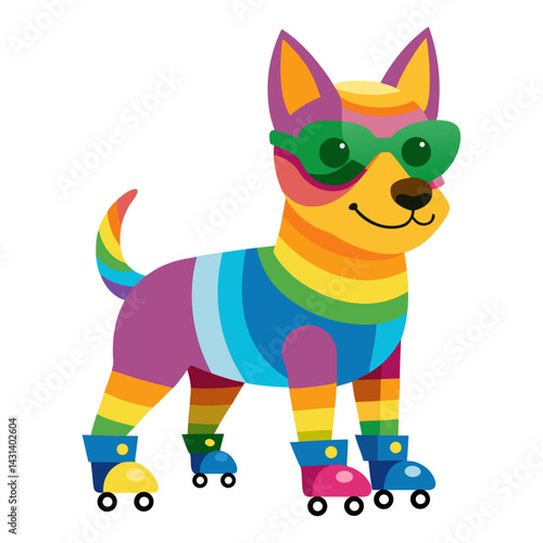 A Dog in rainbow-colored sunglasses and roller skates on white background