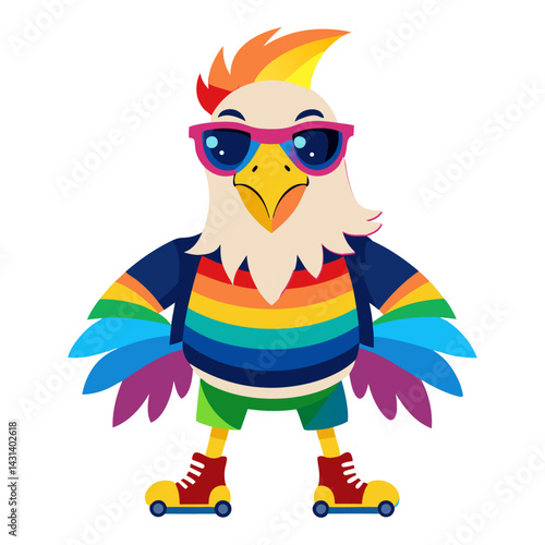 A Eagle in rainbow-colored sunglasses  and roller skates   on white background