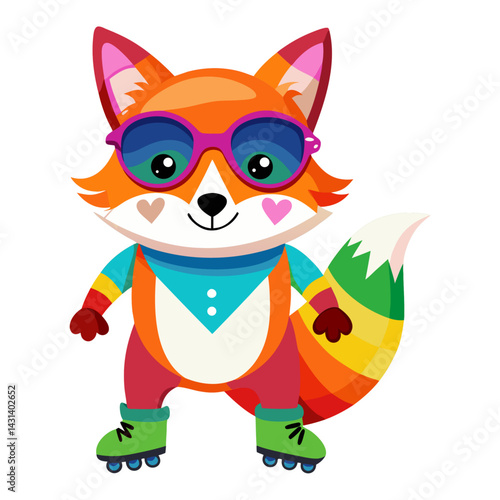 A Fox in rainbow-colored sunglasses and roller skates on white background