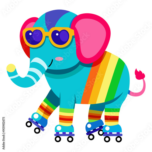 A Elephant in rainbow-colored sunglasses and roller skates on white background