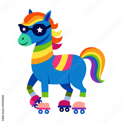 A Horse in rainbow-colored sunglasses and roller skates on white background