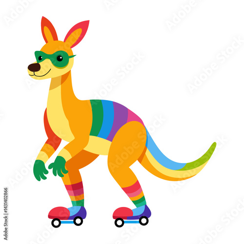 A Kangaroo in rainbow-colored sunglasses and roller skates on white background