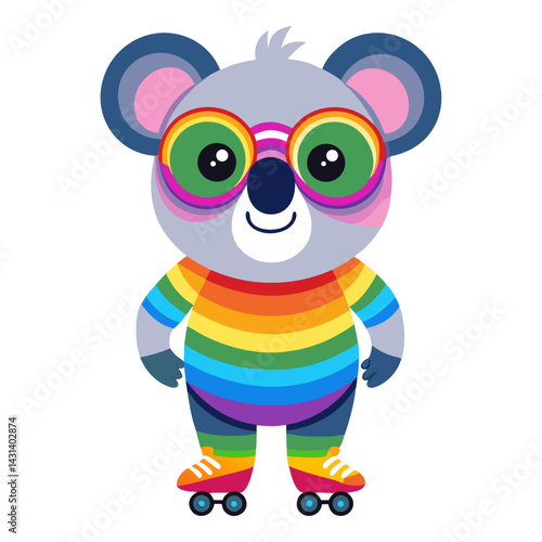A Koala in rainbow-colored sunglasses and roller skates on white background