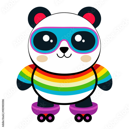 A Panda in rainbow-colored sunglasses and roller skates on white background