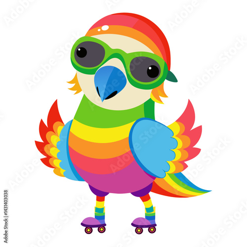 A Parrot in rainbow-colored sunglasses  and roller skates   on white background