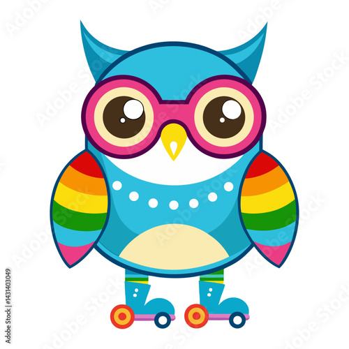 A Owl in rainbow-colored sunglasses  and roller skates   on white background