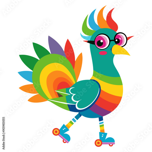 A Peacock in rainbow-colored sunglasses  and roller skates   on white background