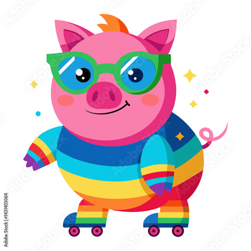 A Pig in rainbow-colored sunglasses and roller skates on white background