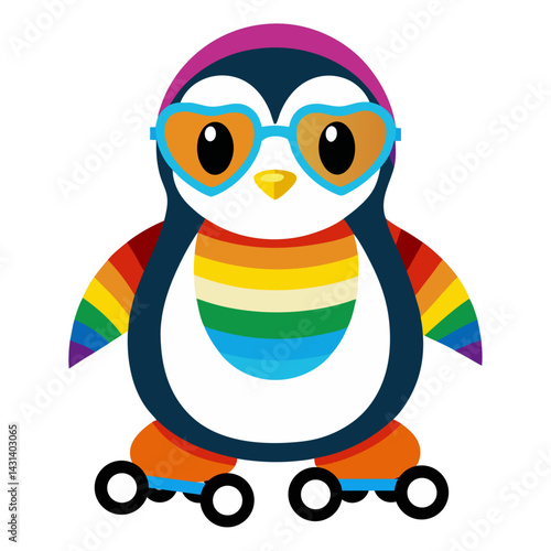 A Penguin in rainbow-colored sunglasses and roller skates  on white background