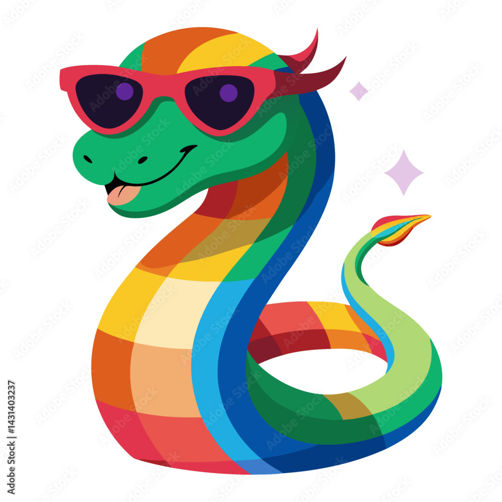 Fototapeta premium A Snake in rainbow-colored sunglasses on white background