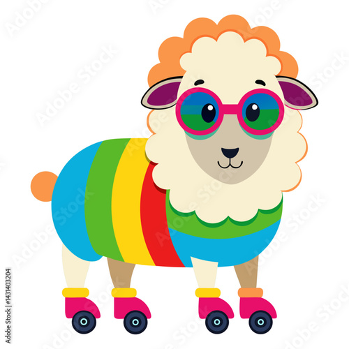 A Sheep in rainbow-colored sunglasses and roller skates on white background