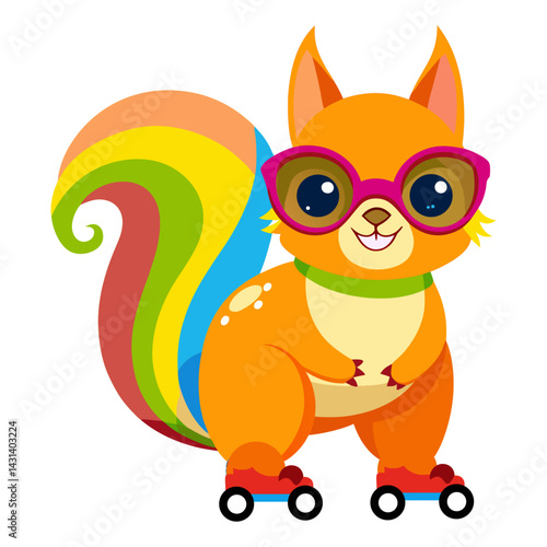 A Squirrel in rainbow-colored sunglasses  and roller skates   on white background