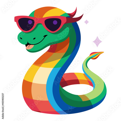 A Snake in rainbow-colored sunglasses   on white background