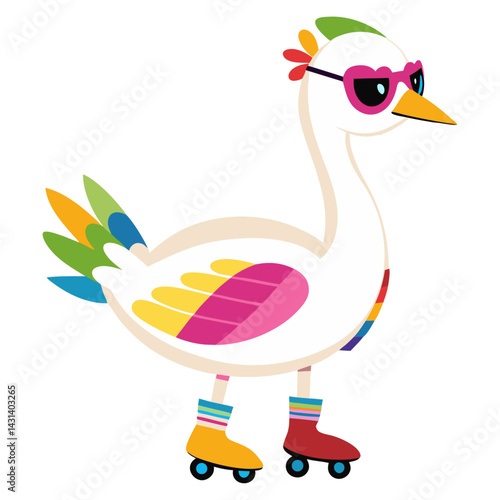 A Swan in rainbow-colored sunglasses  and roller skates   on white background