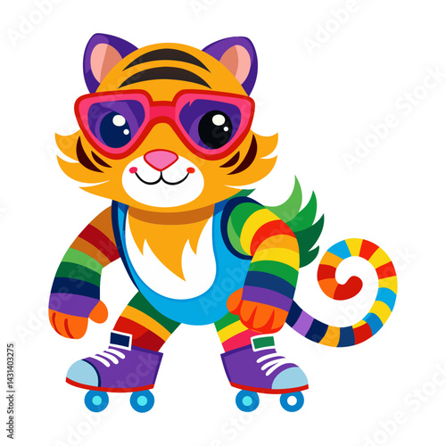 A Tiger in rainbow-colored sunglasses and roller skates on white background