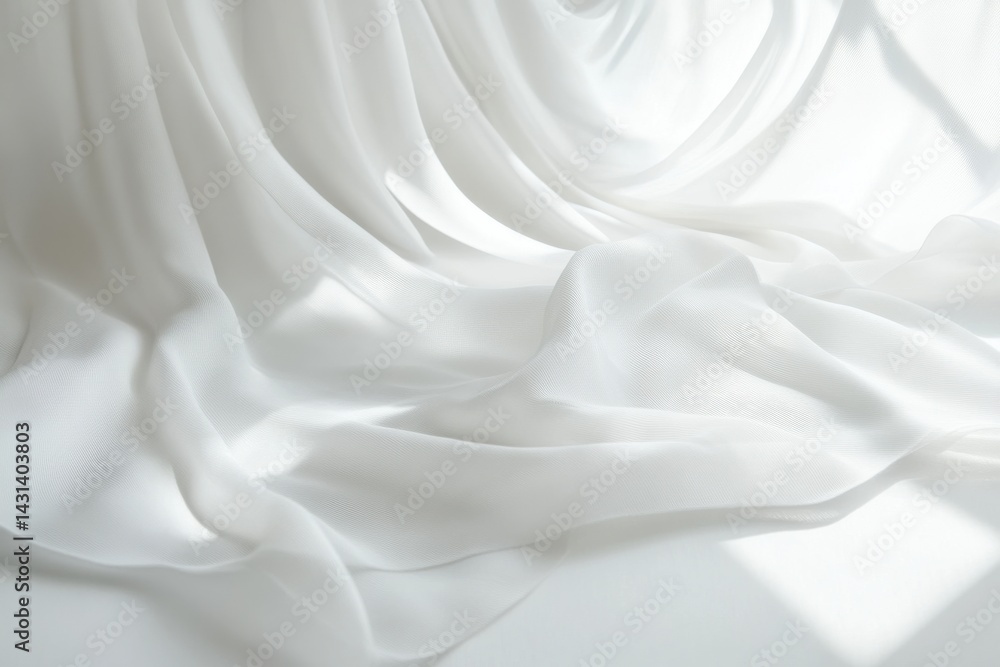 Obraz premium White fabric drapes elegantly with soft light, creating a serene and pure texture. The folds enhance the minimalist composition.