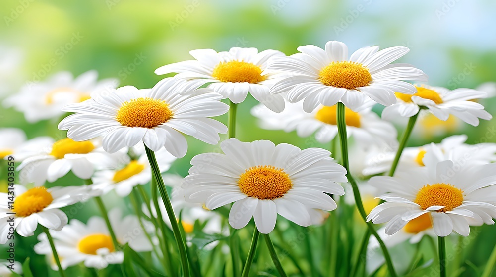 Fototapeta premium A cluster of white daisies with yellow centers, blooming in a field of green grass