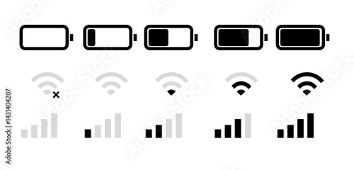 Phone status bar. Mobile icons set. Contains phone signal, wi fi, battery, time