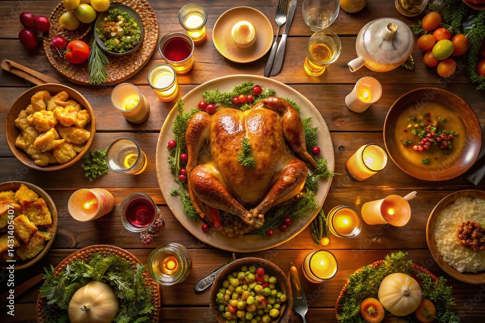Aerial View: Golden Brown Thanksgiving Turkey Feast, Nighttime Dinner Table Aerial View: Golden Brown Thanksgiving Turkey Feast, Nighttime Dinner Table