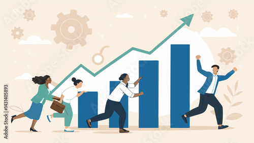Team Running Up Business Chart To Achieve Success And Growth With Determination