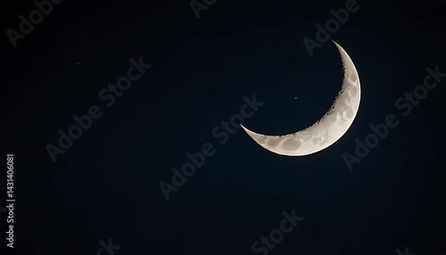 Crescent moon shining brightly in a dark night sky with a single visible star in the distance